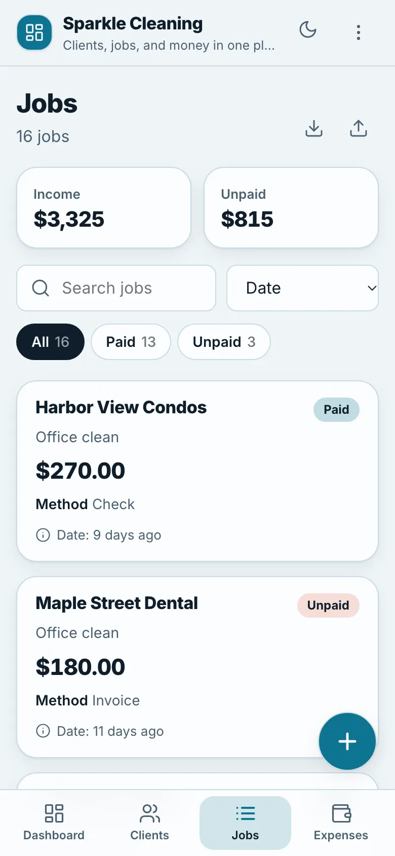 The jobs list in the cleaning business app on a phone