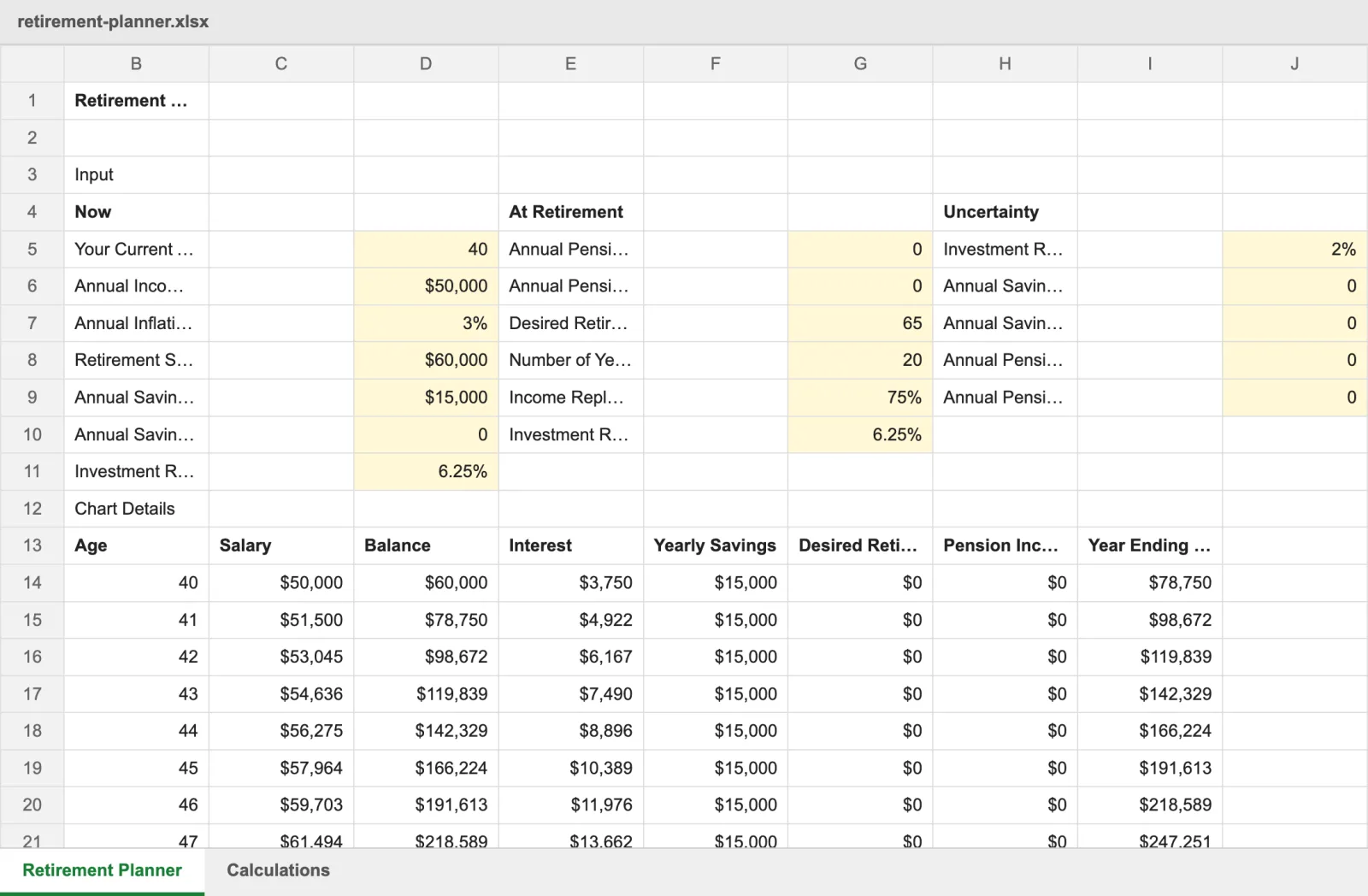 The original retirement planner spreadsheet with inputs and a year-by-year table